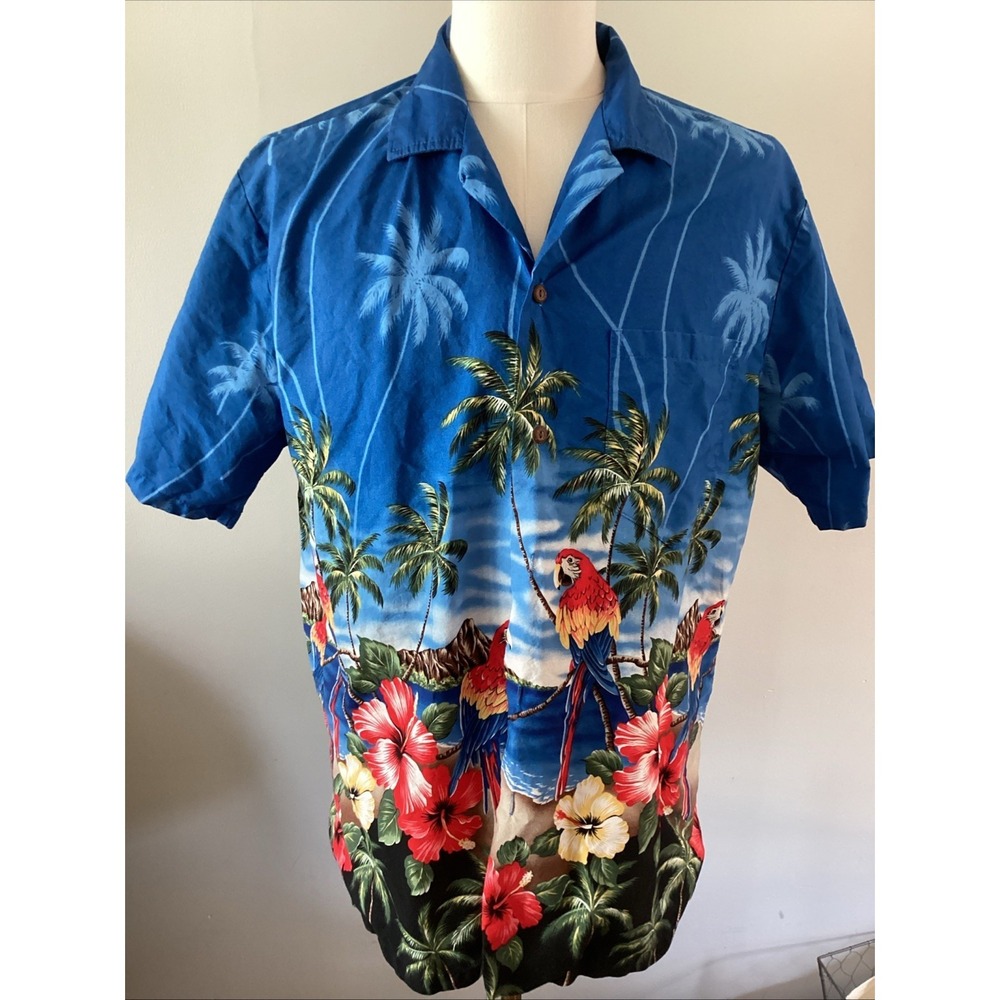 Vintage CT Hawaii Fashion Hawaiian Shirt Men Large Blue Parrots Made In Hawaii